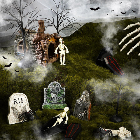Marsui Halloween Village Accessories Miniature Halloween Garden Figurines Tree Houses Ornaments Bare Branches Tombstones Skeleton Coffins Fake Spiders Party Decor
