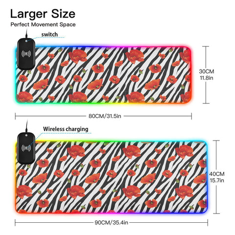 Flowers Zebra Stripe Wireless Charging Mouse Pad for Mobile Phone Extra Large Gaming Mousepad with 13 Lighting Modes Extended Desk Mat for Office Home Gaming MacBook PC Laptop Desk