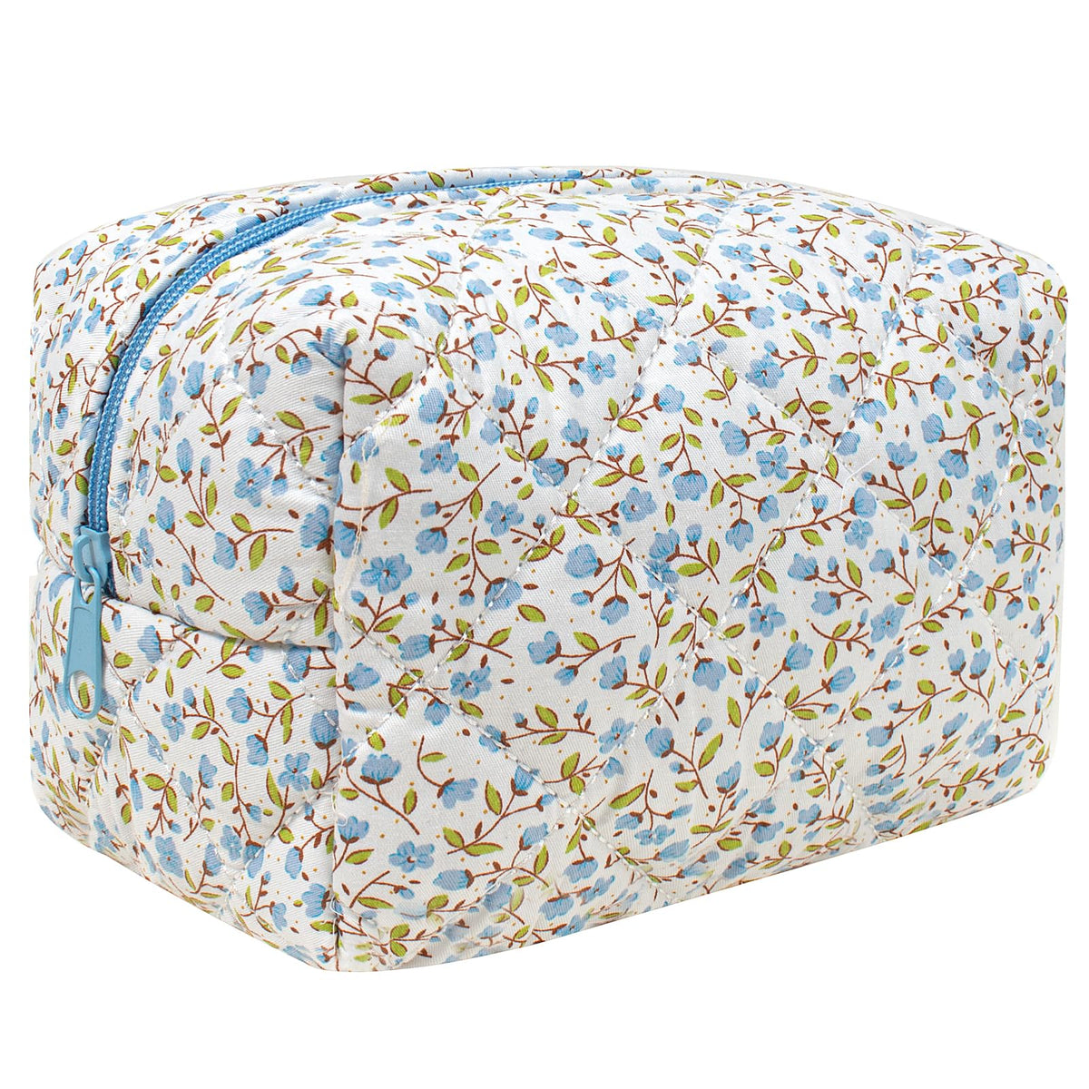 KOTORA Floral Makeup Bag Quilted Cosmetic Bag Puffy Coquette Makeup pouch Aesthetic Cute Pink Travel Toiletry Bag Organizer Cotton Makeup Brushes Storage Organizer Bag for Women (Blue)