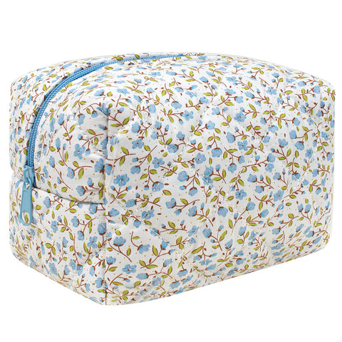 KOTORA Floral Makeup Bag Quilted Cosmetic Bag Puffy Coquette Makeup pouch Aesthetic Cute Pink Travel Toiletry Bag Organizer Cotton Makeup Brushes Storage Organizer Bag for Women (Blue)