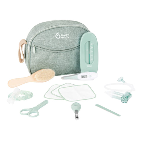 Babymoov Eco-friendly Baby Grooming Kit, Made of Recycled Polyester, 10 Baby Care Essentials Including Wooden Brush, Reusable Cotton Wipes, Digital Thermometer, Bath Thermometer