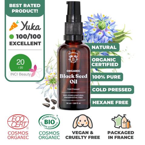 Bionoble Pure Organic Black Seed Oil, Cold Pressed 50ml - Glass bottle + Pipette + Pump - Black Cumin Seed Oil for Hair Growth - Anti-Acne, Purifying Skin Care - Nigella Sativa Oil