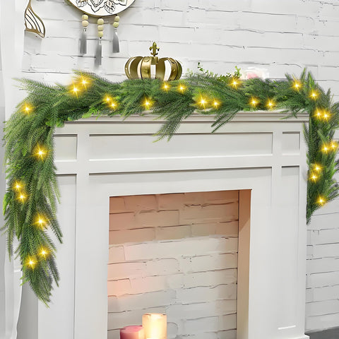 Christms Norfolk Pine Garland Decoration - 6 FT Realistic Real Touch Cedar Garland with Lights, Lighted Artificial Pine Greenery Rattan for Table Mantle Fireplace Stairs Door Window Winter Holiday