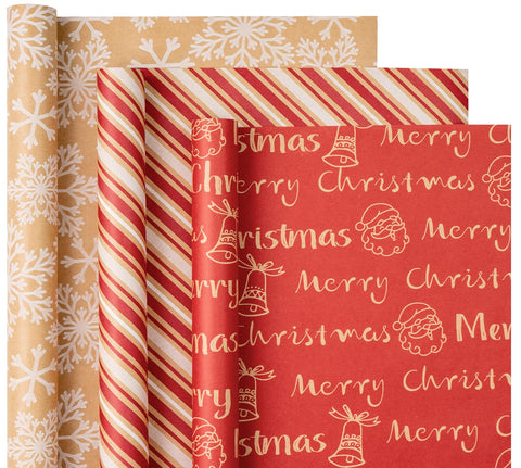WRAPAHOLIC Kraft Christmas Wrapping Paper Roll - Mini Roll - 3 Rolls - 17 Inch X 120 Inch Per Roll - Red and White Merry Christmas Lettering, Snowflake, Stripe Holiday Collection