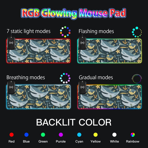 Funny Shark Fish Wireless Charging Mouse Pad for Mobile Phone Extra Large Gaming Mousepad with 13 Lighting Modes Mouse Mat for Gaming MacBook PC Laptop Desk Home Office