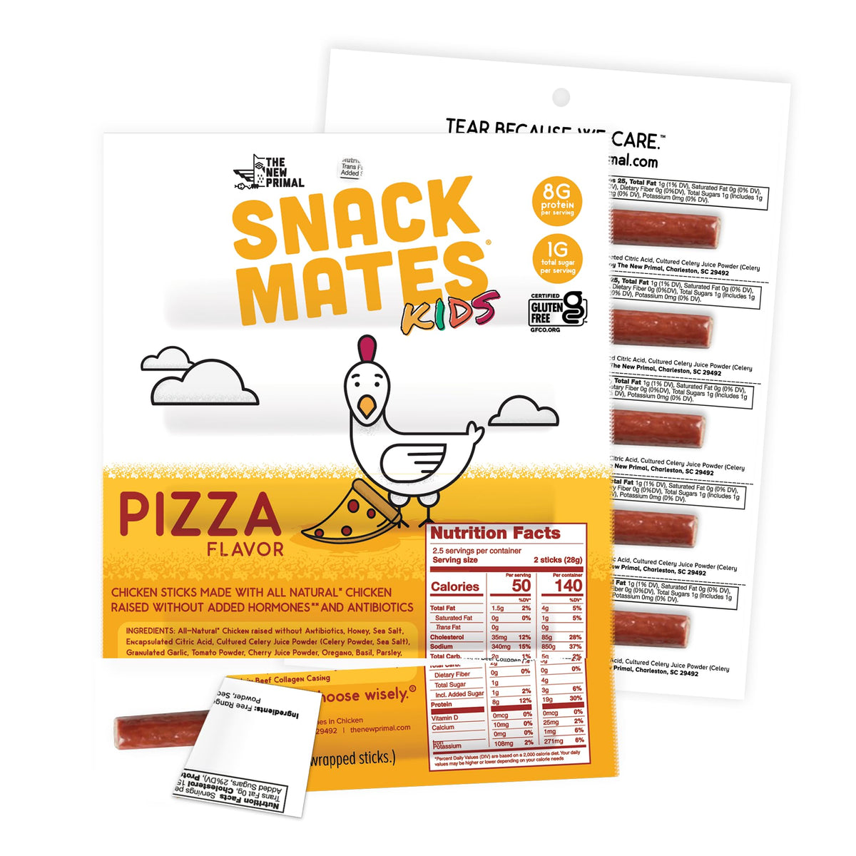 The New Primal Snack Mates Pizza Chicken Sticks, Gluten Free Healthy Snacks for Kids, Low Sugar High Protein Kids Snack for School, Mini Paleo Jerky Meat Stick, 8g Protein, 50 Calories, 10 Pack