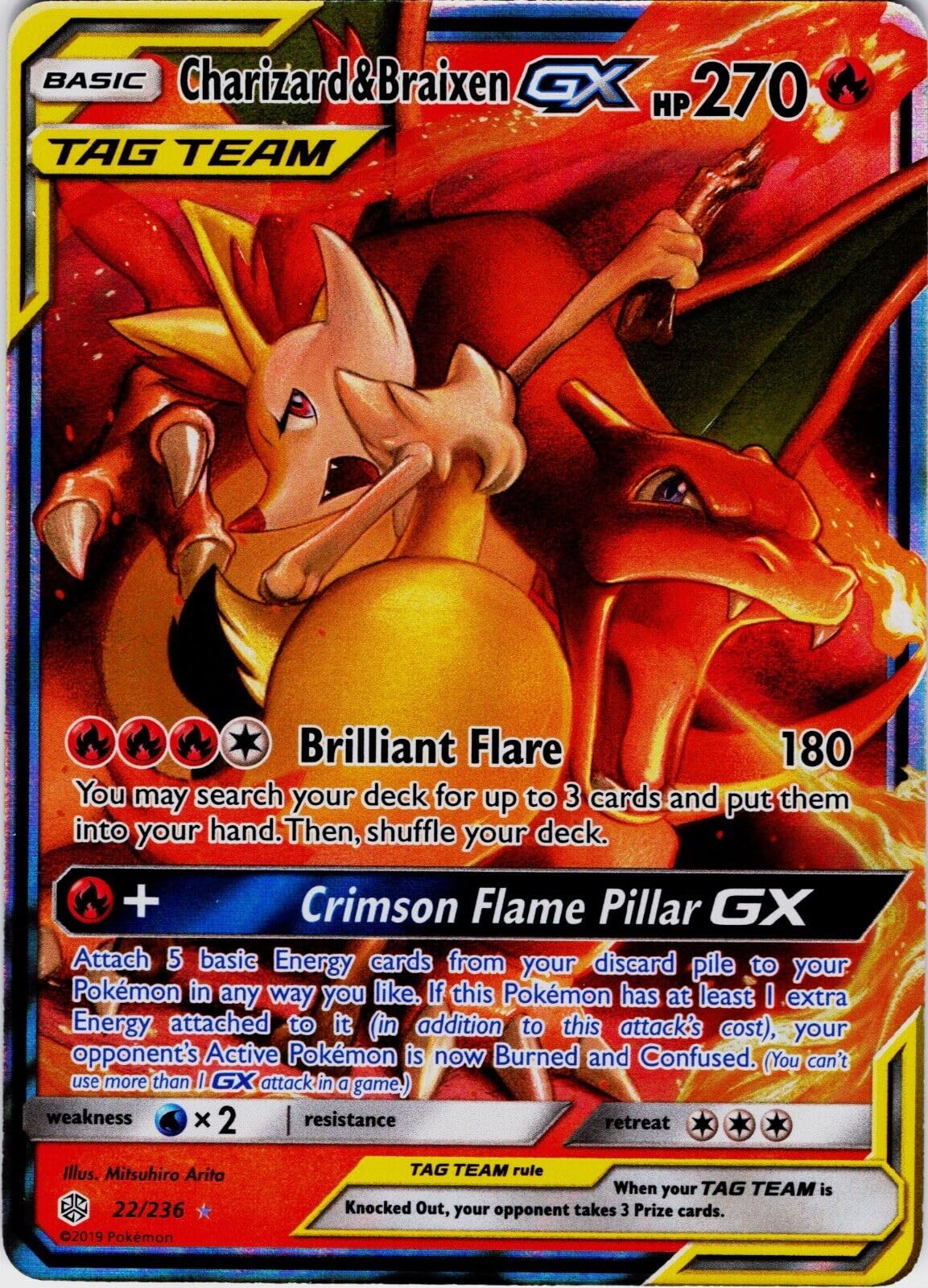 Pokemon - Charizard & Braixen Tag Team GX 22/236 - Cosmic Eclipse - Pokemon Ultra Rare Card - Holo Foil