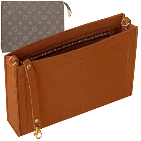 Soyizom Toiletry Pouch 19 26 Bag Organizer Insert for Cosmetics Tidy Organizer,Felt Purse Organizer Insert Ladies Tote Handbag Liner Pocket Organizer with Keychain & Gold Buckle & Zip(Small-19,Brown)