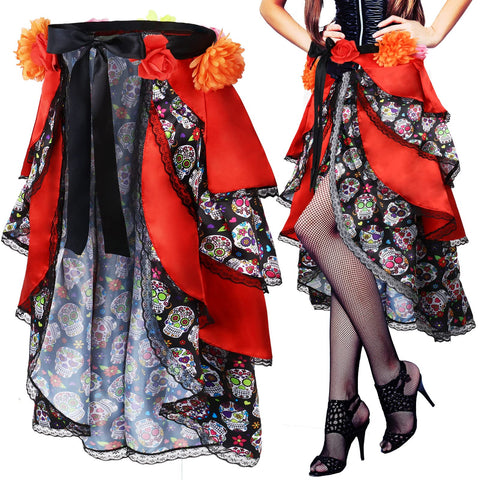 Xtinmee Day of the Dead Halloween Tie on Bustle Skirt Cute Skull Dress Day of the Dead Costumes for Senorita Women, One Size (Red)