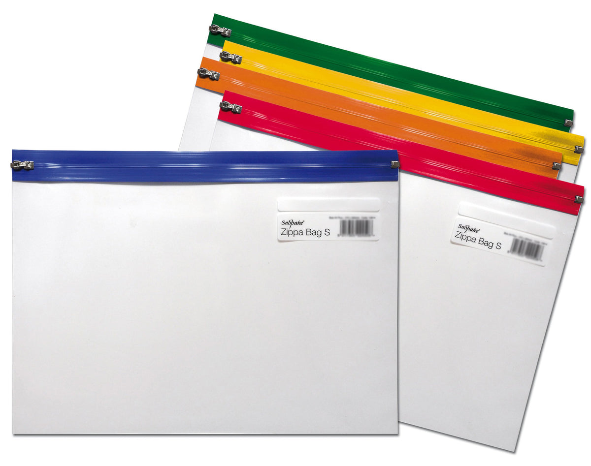 Snopake A4 Plus Zippa-Bag â€˜Sâ€™ Classic with Write-On Label [Pack of 5] 370 x 260 mm - Transparent/Assorted Zip Strips [Ref: 12814]