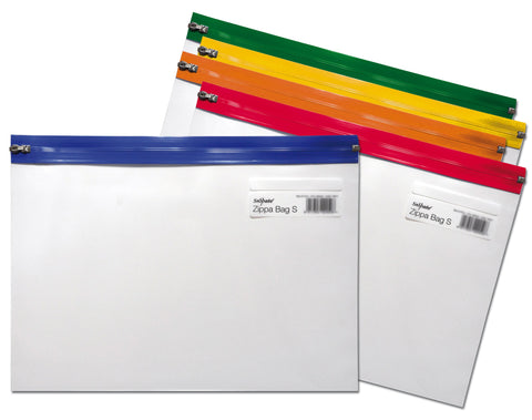 Snopake A4 Plus Zippa-Bag â€˜Sâ€™ Classic with Write-On Label [Pack of 5] 370 x 260 mm - Transparent/Assorted Zip Strips [Ref: 12814]