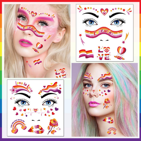 HOWAF 12pcs Girls Love Pride Glitter Face Tattoos, Gay Pride Temporary Tattoos for LGBTQ Parades Face Decor, Love Wins Face Painting Tattoos Stickers for Pride Month Parade Decor