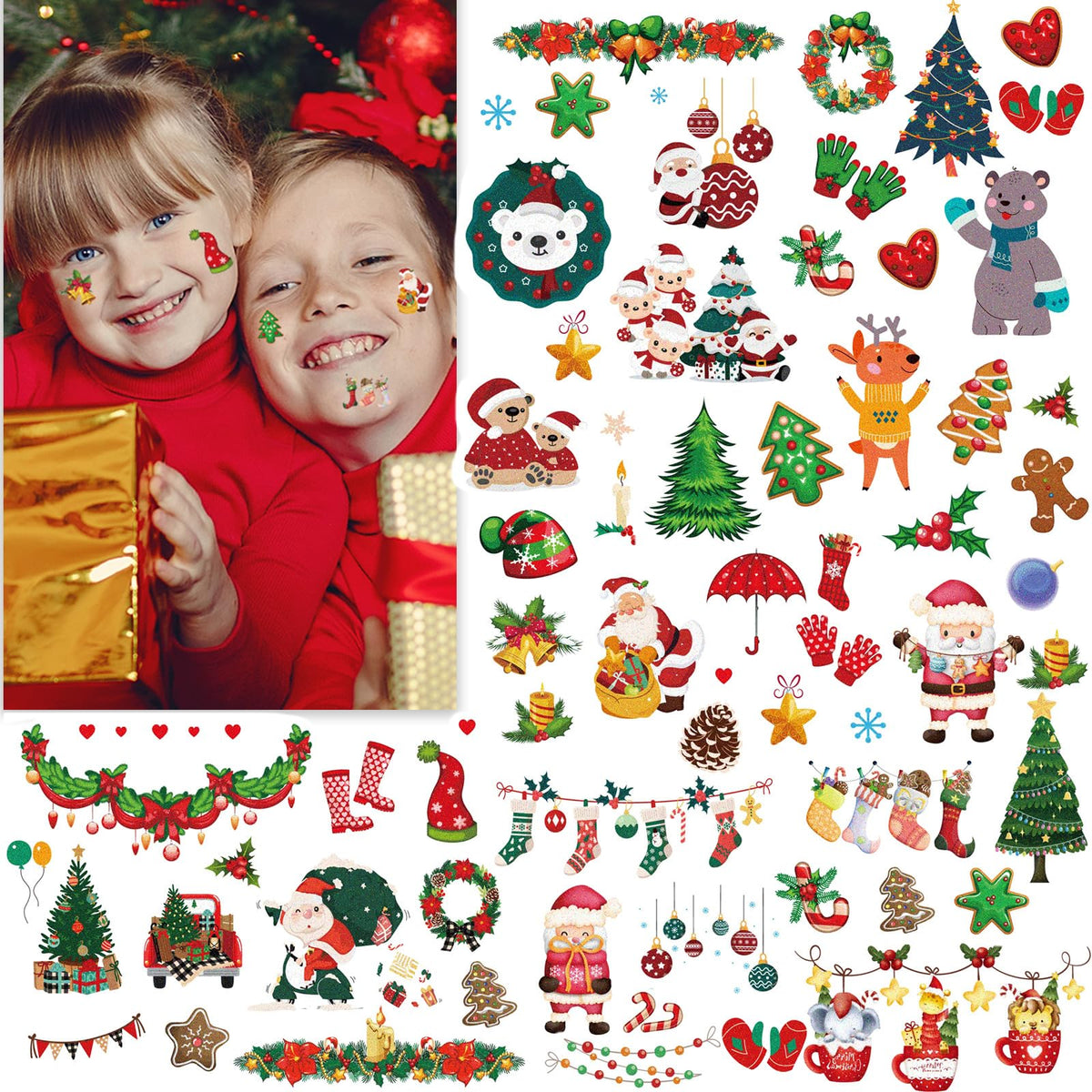 176PCS Glitter Christmas Tattoos for Kids, Temporary Tattoos for Christmas Stocking Stuffers Party Decorations Supplies, Xmas Tattoo Stickers for Boys and Girls Merry Christmas Eve Gift