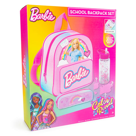 Barbie School Backpack - Includes 1 x Backpack, 1 x Pencil Case and 1 x Scratch and Reveal Water Bottle with Straw - Back to School Supplies Reveal Accessories - School Bag
