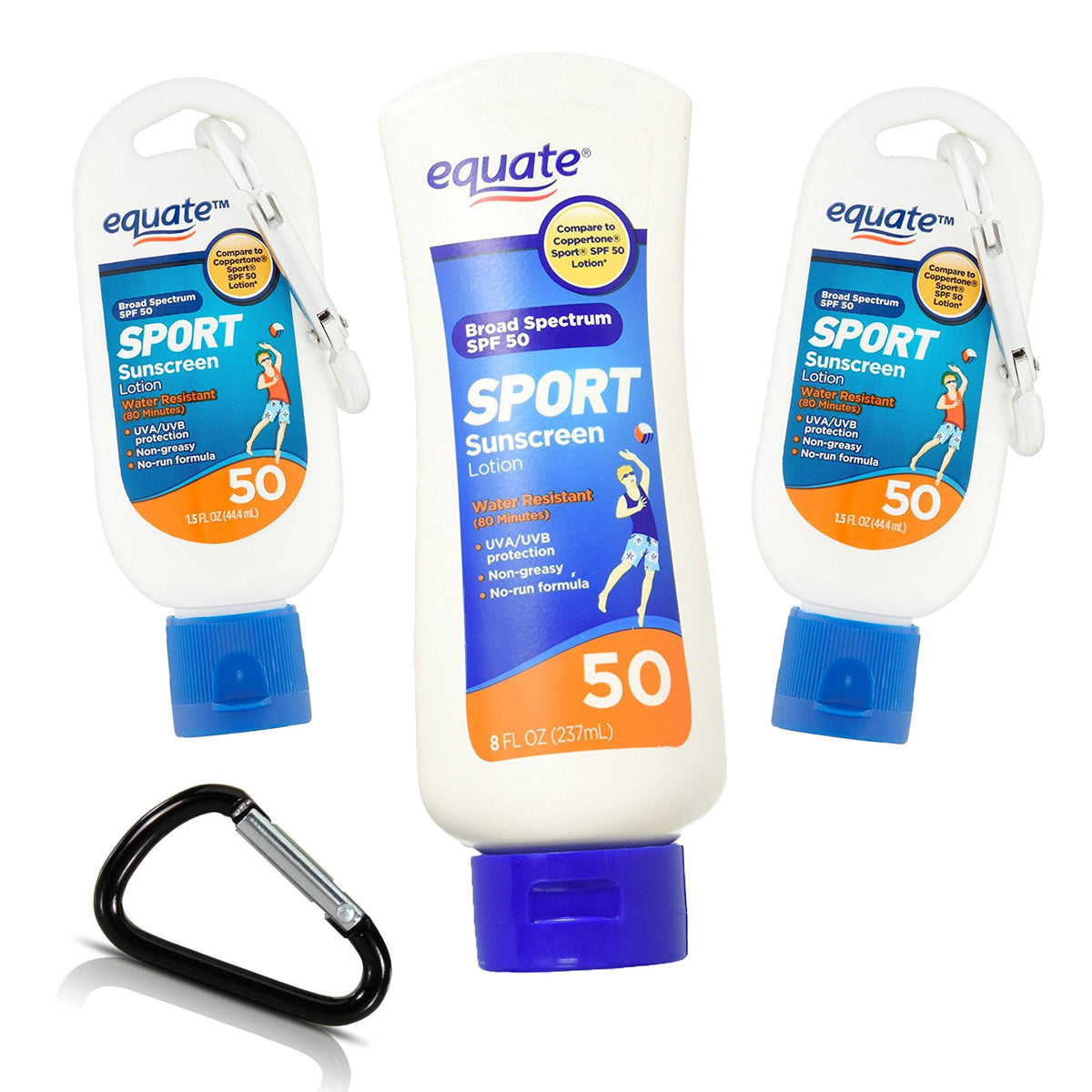 Equate Sport SPF 50 Premium Sunblock 3-Pack: 8oz full Sunscreen + 2pc 1.5oz Travel Size Protection with an Adam's Brand Durable Carabiner - For Complete Waterproof Sun Protection Wherever You Go