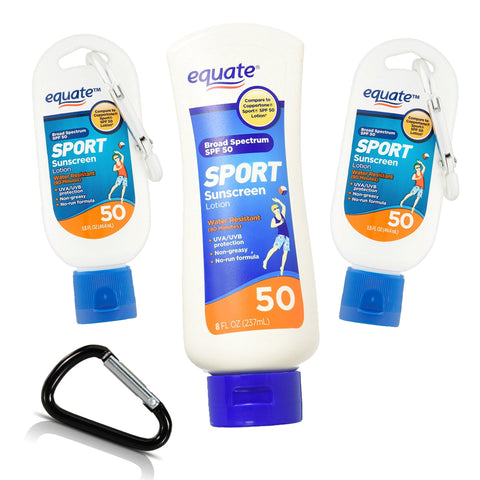 Equate Sport SPF 50 Premium Sunblock 3-Pack: 8oz full Sunscreen + 2pc 1.5oz Travel Size Protection with an Adam's Brand Durable Carabiner - For Complete Waterproof Sun Protection Wherever You Go