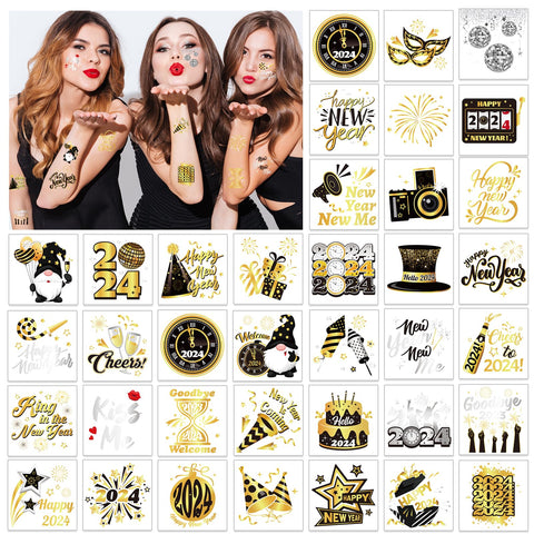 HOWAF 72pcs New Years Temporary Tattoos, 2024 NYE Party Favors Tattoos Stickers,New Year Face Tattoos for Happy New Year Eve Party Decorations,New Years Firework Temporary Tattoos, Black Gold Silver