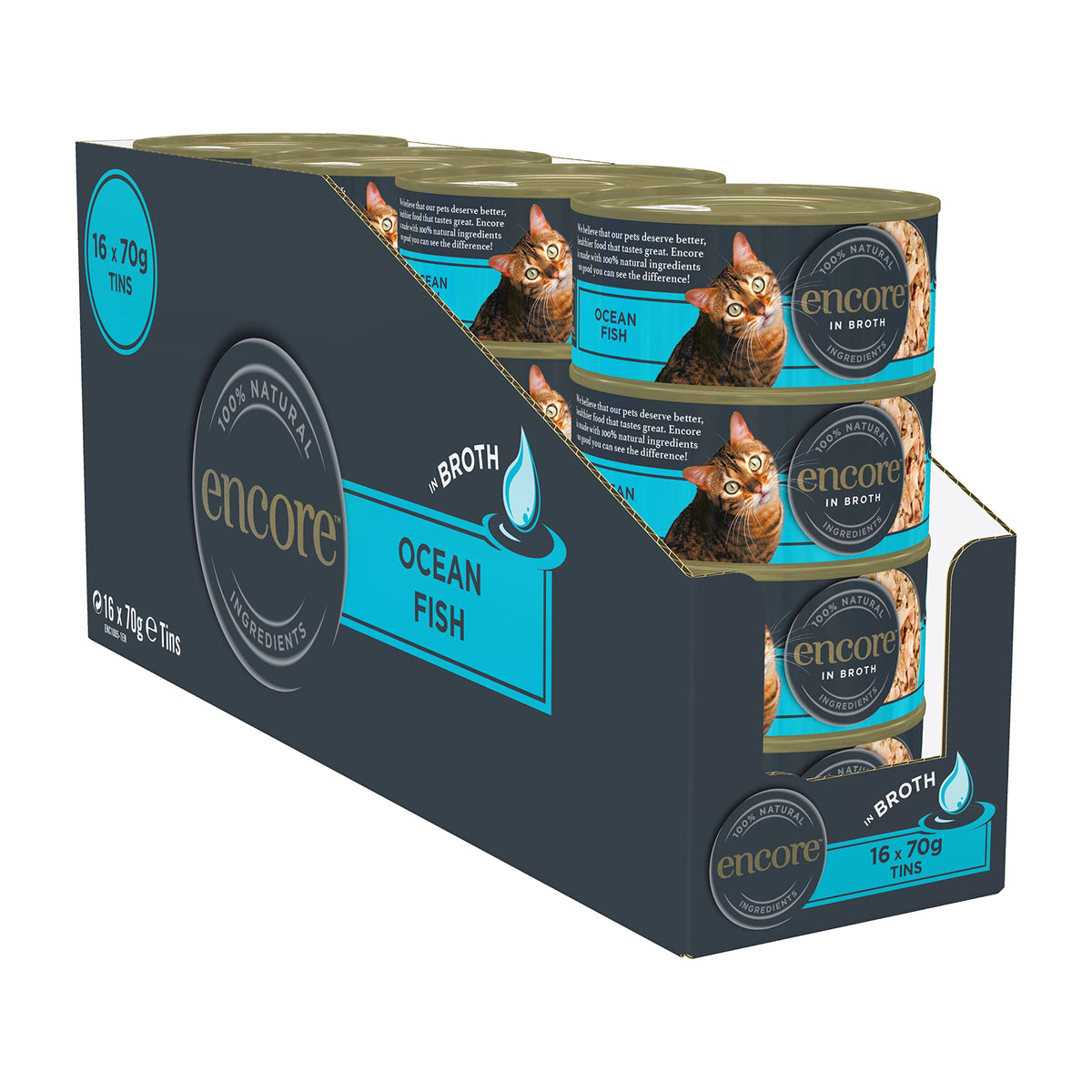 Encore 100% Natural Cat Food, Ocean Fish In Broth Tin 70 g (Pack of 16)