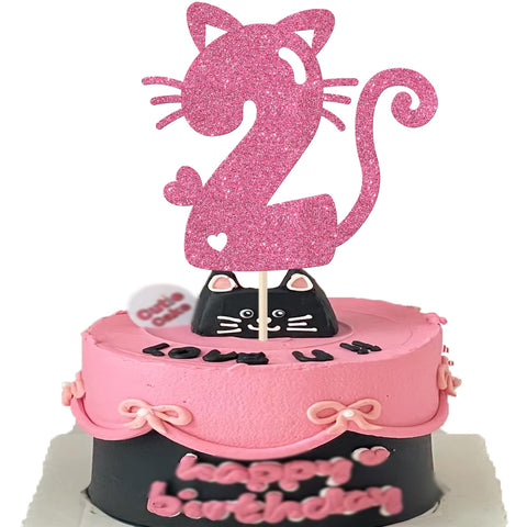 1 Piece Cat 2nd Cake Decoration Second Birthday Cake Decoration Glitter Cute Kitten Cake Topper for Cat Theme Baby Shower Children 2 Years Old Birthday Wedding Party Cake Decorations Pink