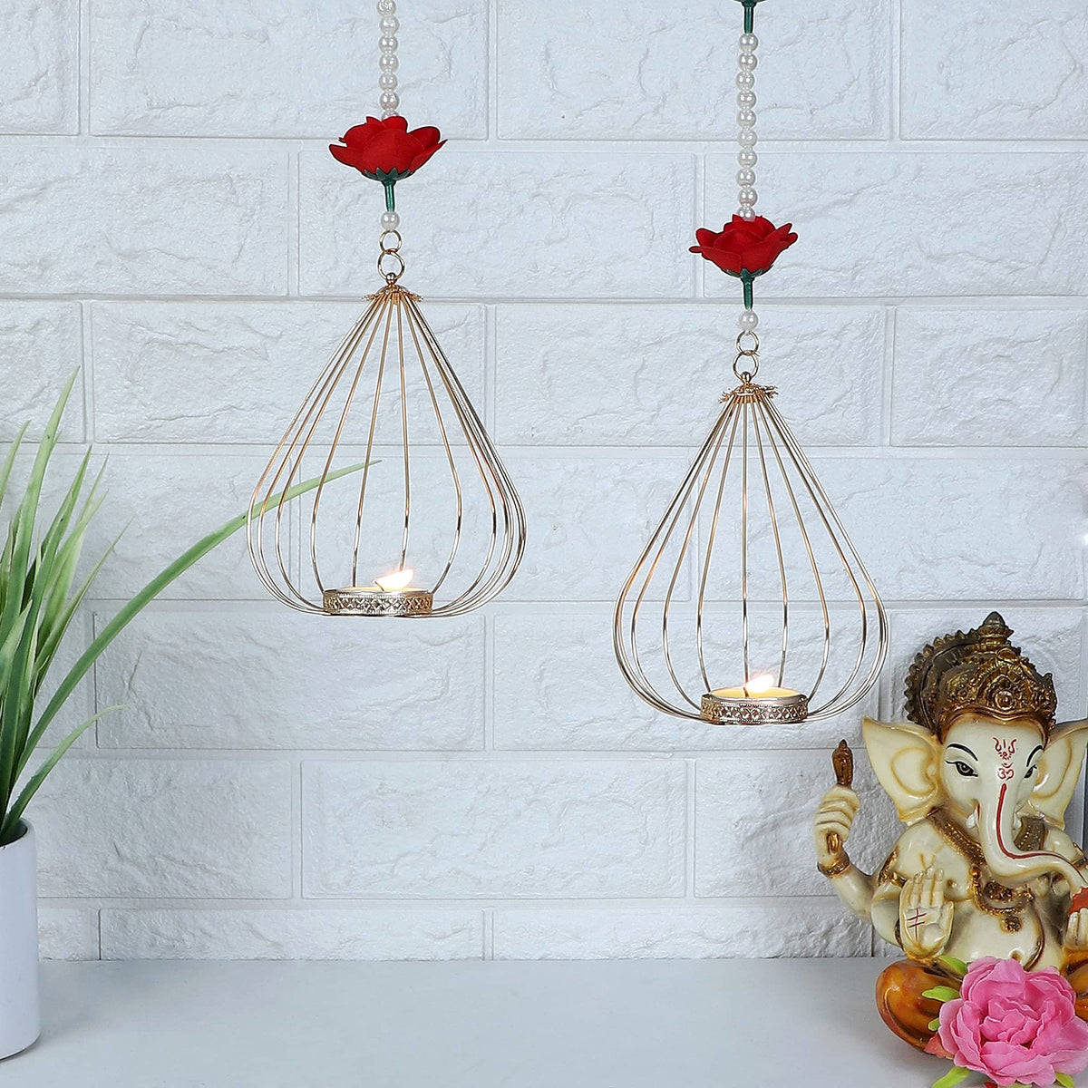 Itiha ® Cage Floral Door Hanging Wall Hanging Door Decoration Set of 2 with tealight Holder (Gold 12inch)