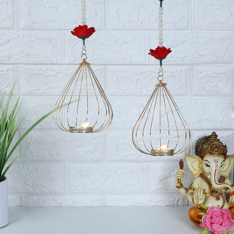 Itiha ® Cage Floral Door Hanging Wall Hanging Door Decoration Set of 2 with tealight Holder (Gold 12inch)