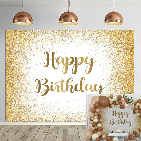 Gold Happy Birthday Backdrop 7X5FT Adults Women Men Birthday Photo Photography Backgroud Golden Spots Glitter Bokeh Sweet Birthday Party Decor Cake Table Banner Supplies