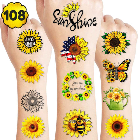 108PCS Sunflower Temporary Tattoos Sticker for Kids Birthday Party Supplies Decorations Party Favors Tattoo You are My Sunshine Tournesol Vibrant Themed Cute Kids Boys Girls Gifts Ideal Prizes Reward