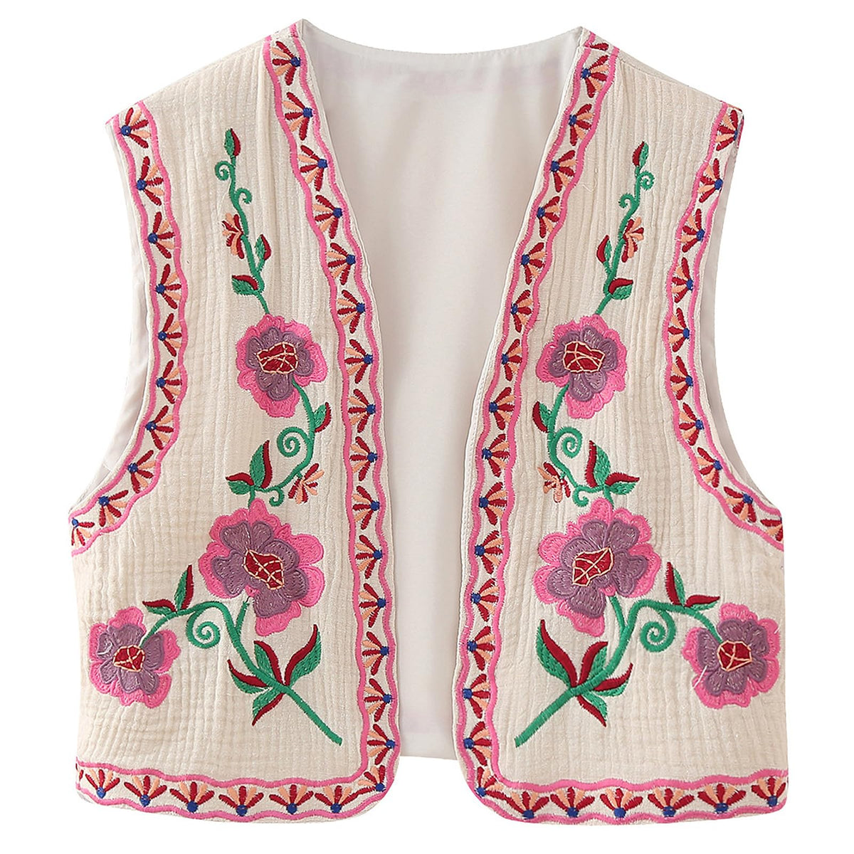 Wyeysyt Women Floral Embroidered Vest Vintage Sleeveless Boho Y2k Cardigan Open Front Cropped Waistcoat(Red-L)