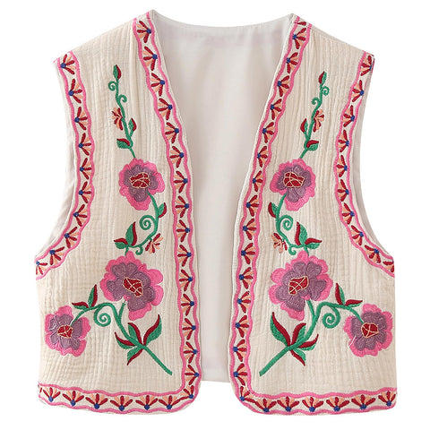 Wyeysyt Women Floral Embroidered Vest Vintage Sleeveless Boho Y2k Cardigan Open Front Cropped Waistcoat(Red-L)