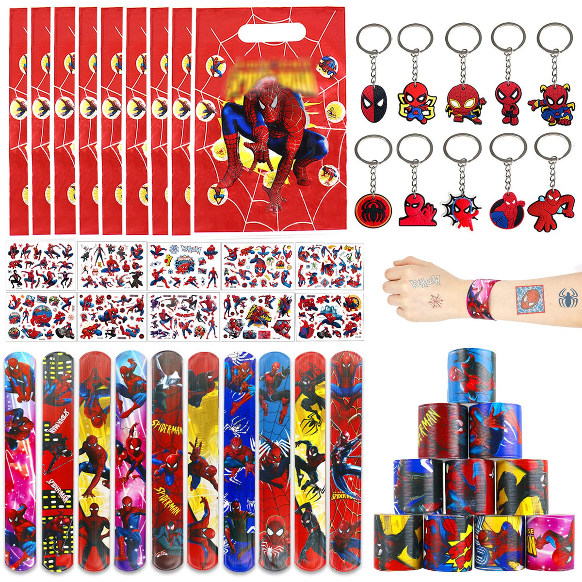 Spider Bag Fillers for Kids Boys Girls, 40Pcs Red Spider Theme Assorted Toys Pinata Filler with Slap Bands Stickers Keychains Gift Bags Lucky Dip Prize Party Favours for Birthday Gift Halloween