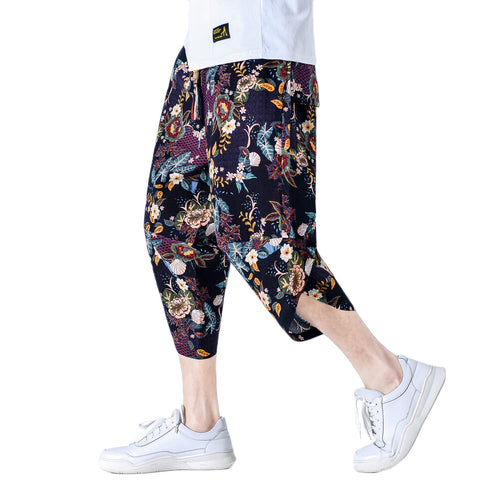DOSLAVIDA Men's Casual Elastic Waist Linen Capri Pants Wide Leg Baggy Cotton Harem Yoga Trousers Loose Patchwork Shorts, A-black5, XXL