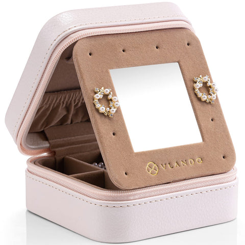 Vlando Plush Velvet Small Travel Jewelry Box, Mini Portable Jewelry Case for Women, Girls, Ring, Earring, Necklace, Bracelet Jewelry Organizer Box with Mirror, Travel Accessory Gifts, Blush Pink