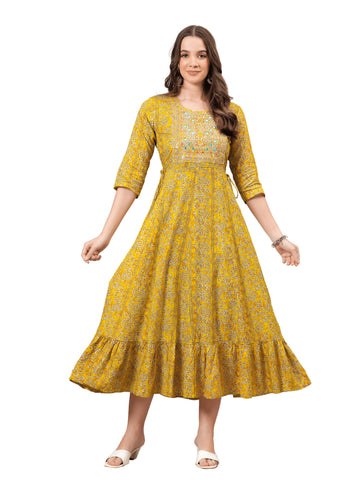 JG JAI GOVINDAM Indian Womens Anarkali Long Kurta Kurtis for Women (Yellow-XL)