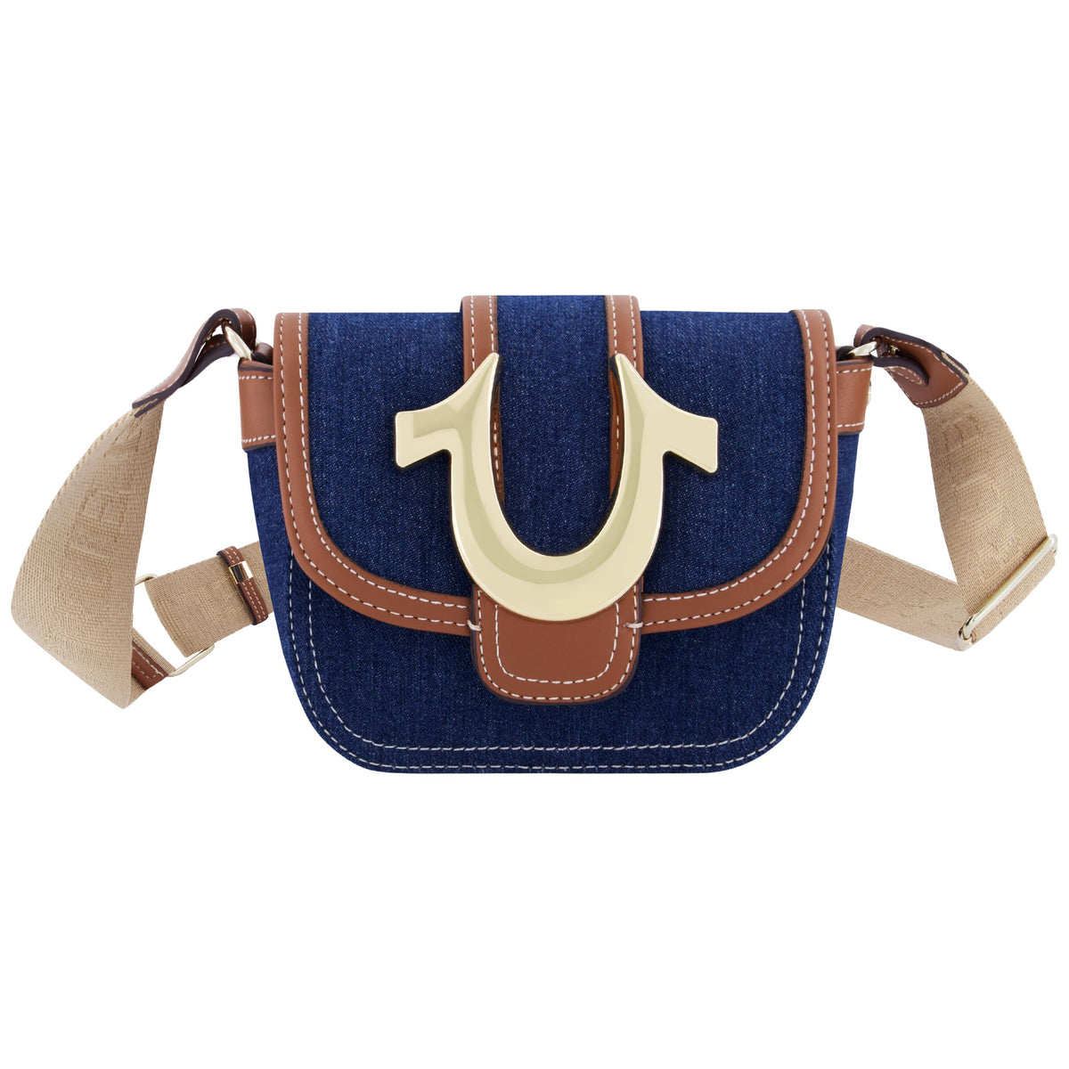 True Religion Women's Crossbody Bag, Mini Flap Adjustable Shoulder Handbag with Horseshoe Logo, Dark Denim