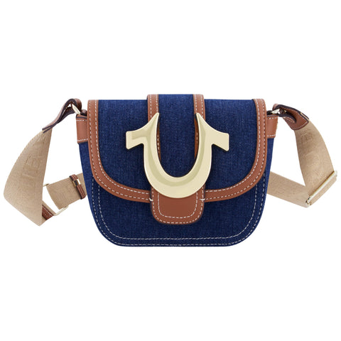 True Religion Women's Crossbody Bag, Mini Flap Adjustable Shoulder Handbag with Horseshoe Logo, Dark Denim