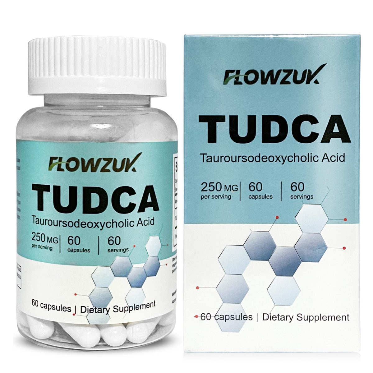 Flowzuk TUDCA Tauroursodeoxycholic Acid Supplements - Bile Salt TUDCA Supplement for Liver Support, Bile Production, Digestion & Immune System Support - 60 Capsules (250mg)