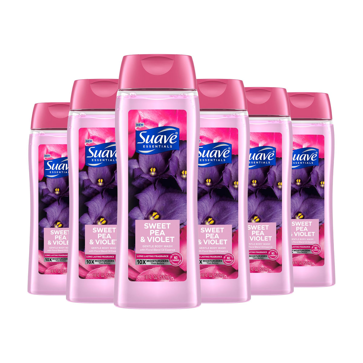 Suave Moisturizing Body Wash, with Sweet Pea Violet and Vitamin E Extract, No Parabens, No Phtahaltes, 18 Fl Oz (Pack of 6)