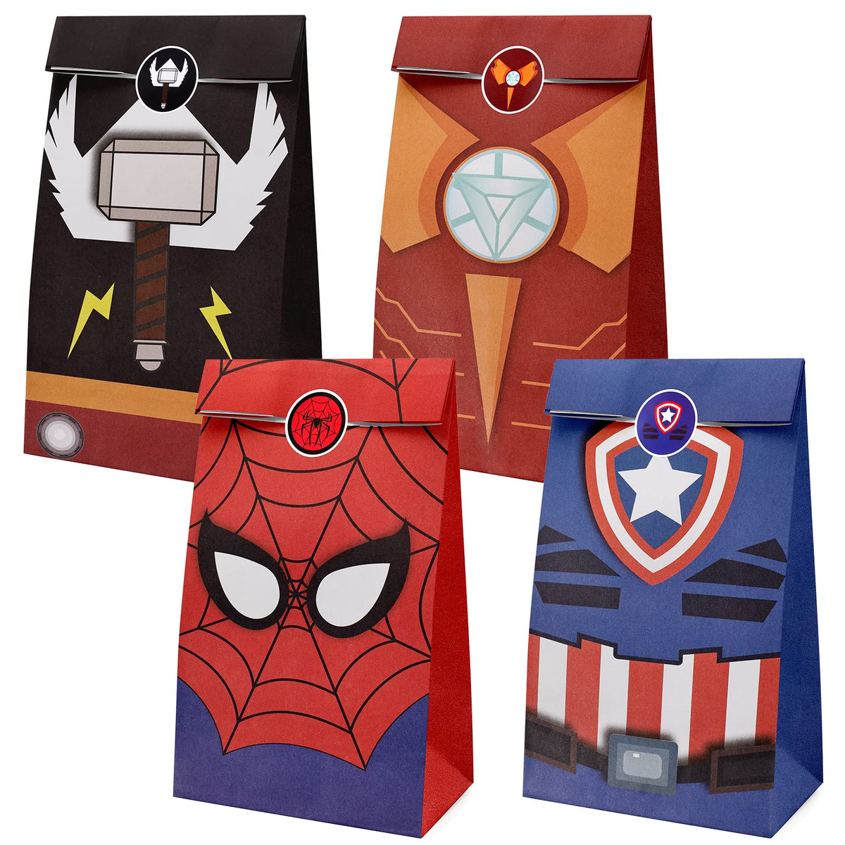 12 Pcs Party Bags Kraft Paper Party Bags Candy Gift Treat Bag Party Bag for Kids with Stickers and 4 Colors for Christmas Halloween Birthday Wedding Party, Party Bags Avengers Party Bags for Party