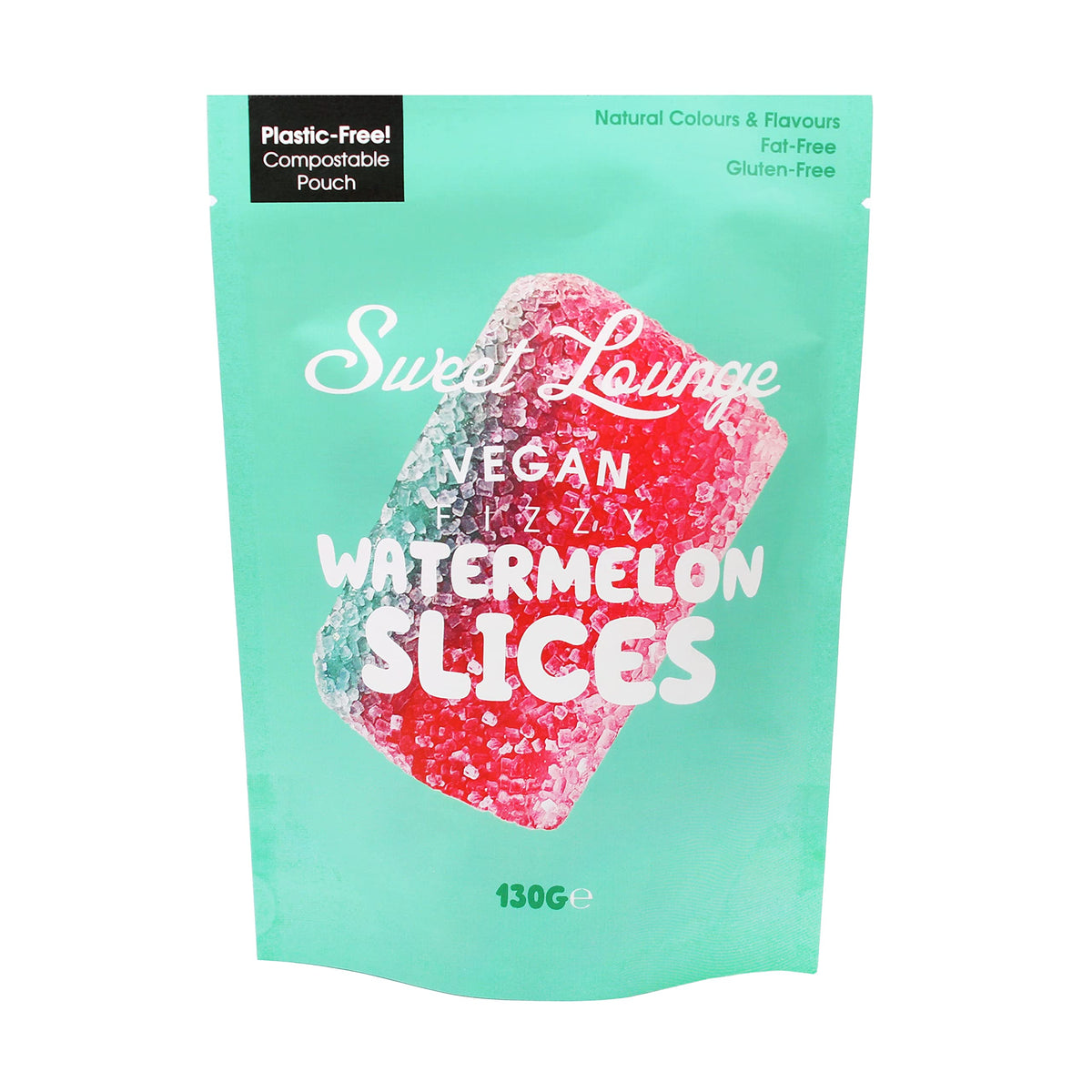 Sweet Lounge Vegan Fizzy Watermelon Slices Pouch | 1x 130g Pouch | Plastic free compostable packaging. Natural Colours & Flavours | Gluten-Free. Vegan. Share Bags (Fizzy Vegan Fizzy Watermelon Slices)