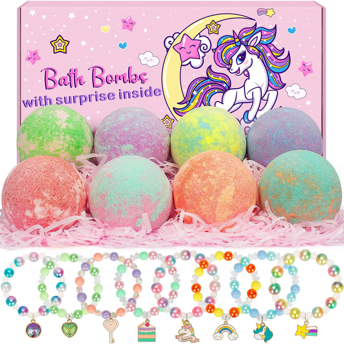 Bath Bombs for Kids, 8 Pack Girls Bath Bomb Gift Set with Unicorn & Mermaid Bracelets Toys, Girl Bath Bombs with Surprise Inside, Christmas Birthday Gifts, Stocking Stuffers for Kids