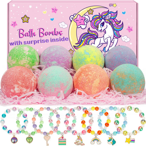 Bath Bombs for Kids, 8 Pack Girls Bath Bomb Gift Set with Unicorn & Mermaid Bracelets Toys, Girl Bath Bombs with Surprise Inside, Christmas Birthday Gifts, Stocking Stuffers for Kids