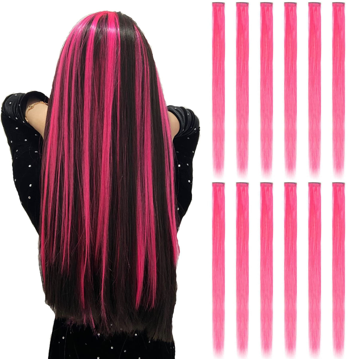 12PCS Colored Hot pink Hair Extensions Straight Multicolor Clip in Hair Extensions Colorful 20 Inch Rainbow Hair Extensions for Kids Women's Gifts Halloween Christmas Party Highlights (12pcs Hot Pink)