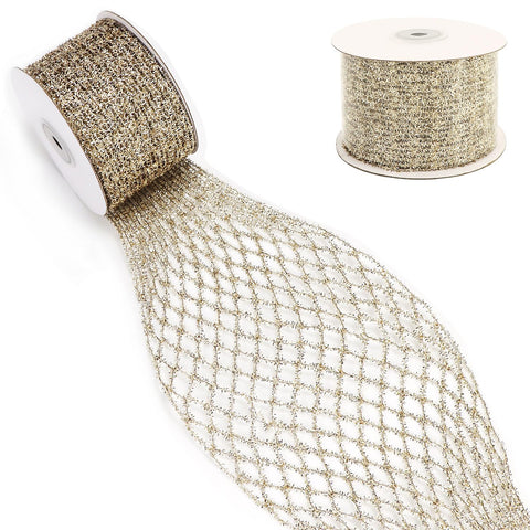 Stretchable Glitter Metallic Mesh Ribbon, 5 Yards Wire Edge Web Ribbon Deco for DIY Crafts Gift Wrapping Christmas Tree Decor (Champagne)