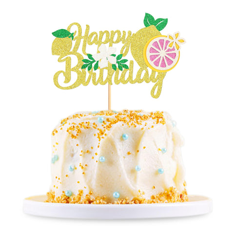 Cyodoos 1 Pc Lemon Happy Birthday Cake Topper Assembled Summer Fruit Theme Lemonade Party Cake Pick Decorations for Lemon Theme Baby Shower Kids Boys Girls Birthday Party Supplies
