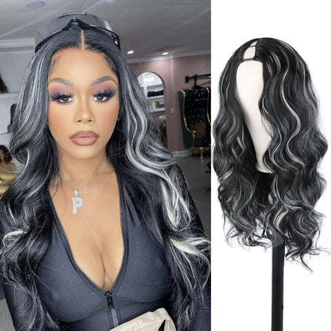 Oseti Upgrade U Part Wig Highlight Grey V Part Wigs for Black Women 24inch Body Wave Salt And Pepper Gray Hair Replacement Half Wigs Synthetic Glueless Hair V Part Half Wig for Women (1B/60#)