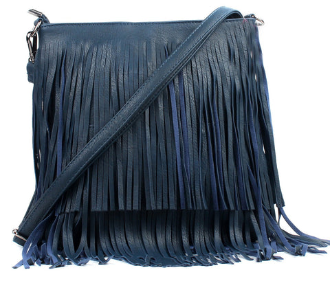 AOSSTA Crossbody Bag For Women Fringe Tassel Hobos Shoulder Bags Ladies Casual Handbags (003 Navy)