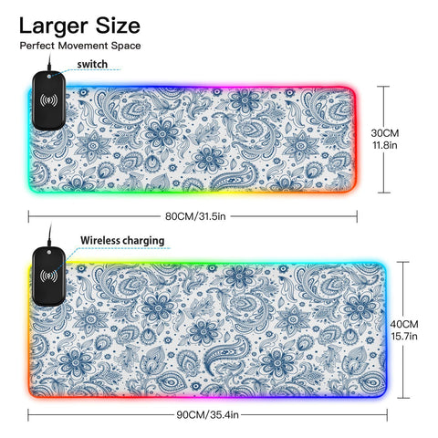 Boho Paisley Flower Wireless Charging Mouse Pad for Mobile Phone Extra Large Gaming Mousepad with 13 Lighting Modes Extended Desk Mat for MacBook PC Laptop Desk Office Home Gaming