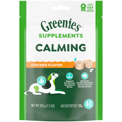 Greenies Supplements Calming Chews for Dogs Chicken Flavor, 40 Count Soft Chews Dog Calming Supplements, 7.3 oz. Container
