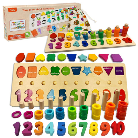 Felly Montessori Toys for 3 year olds, 2 in 1 Educational Wooden Blocks Puzzle Math Sorting Stacking Number Counting Board Game Learning Toys for Toddler Preschool Kids, Boys and Girls