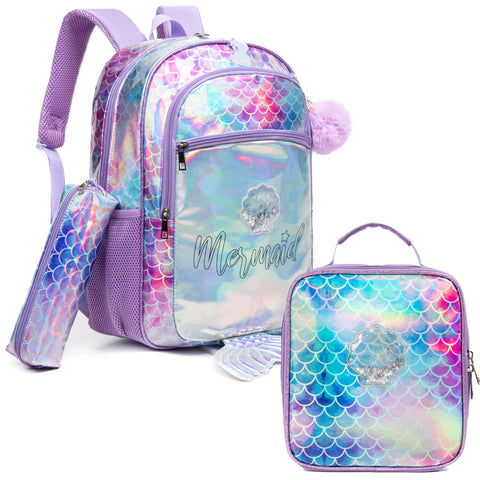 Egchescebo Kids Mermaid Backpack for Girls 17" 3PCS School Bag Toddler Travel Teen Kids' Suitcase Childrens Luggage Backpacks Girl Birthday Gifts Bags Preschool Lunch Bag Stuff Large Bookbag Blue